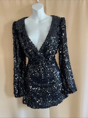 Wayf Black Sequin Deep V Mini Dress